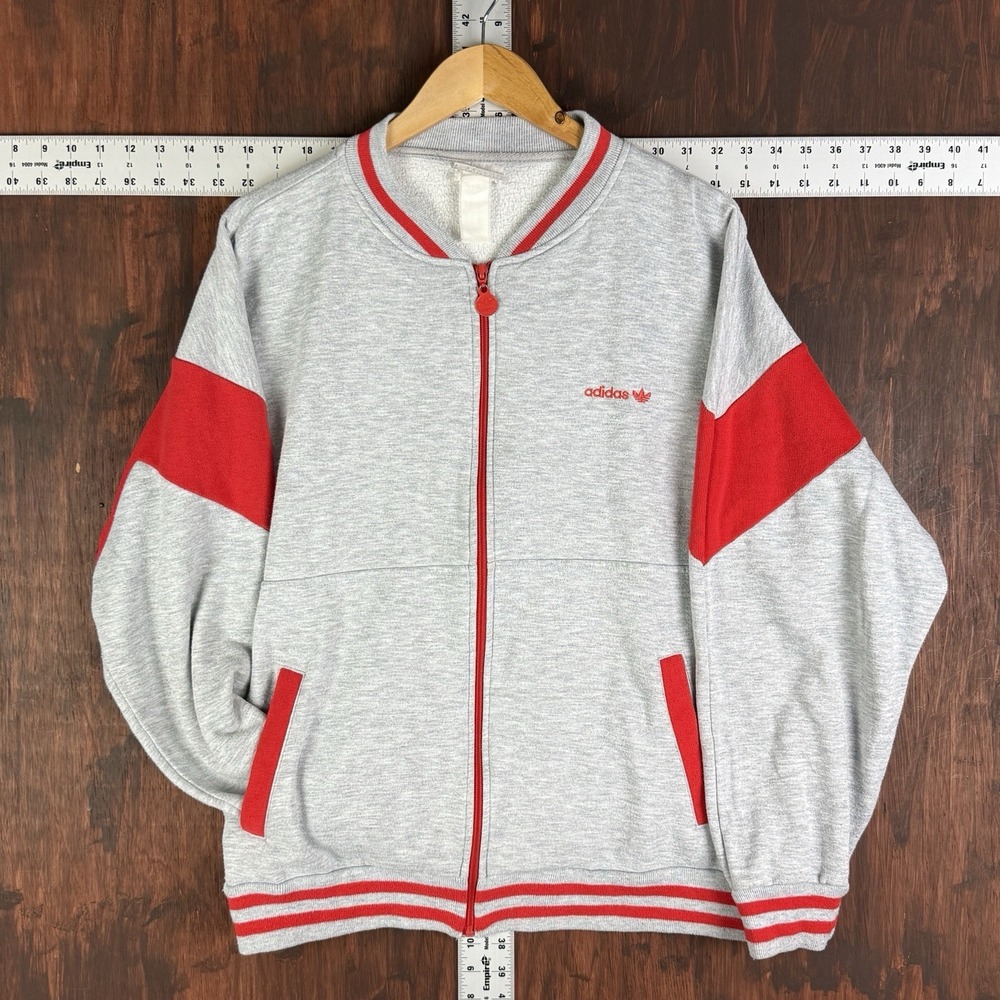 Adidas Trefoil Full Zip Fleece Sweatshirt Gray Red Men Large Taiwan Rare VTG 80s